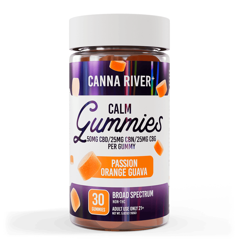 Canna River CBD Calm Gummies Passion Orange Guava Broad Spectrum 50mg CBD + 25mg CBN + 25mg CBG 30 count