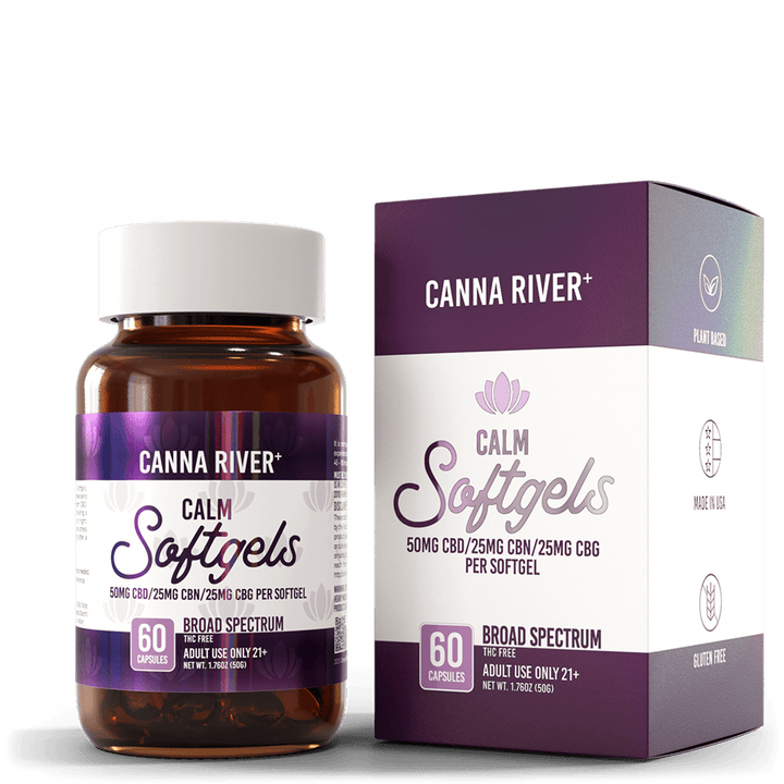 CBD Calm Softgels Softgel Canna River Broad Spectrum (THC Free) 50mg CBD + 25mg CBN + 25mg CBG per Softgel / 60 Softgels 0.5mL