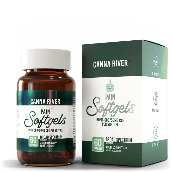 CBD Pain Softgels Softgel Canna River Broad Spectrum (THC Free) 50mg CBD + 50mg CBG per Softgel / 60 Softgels 0.5mL
