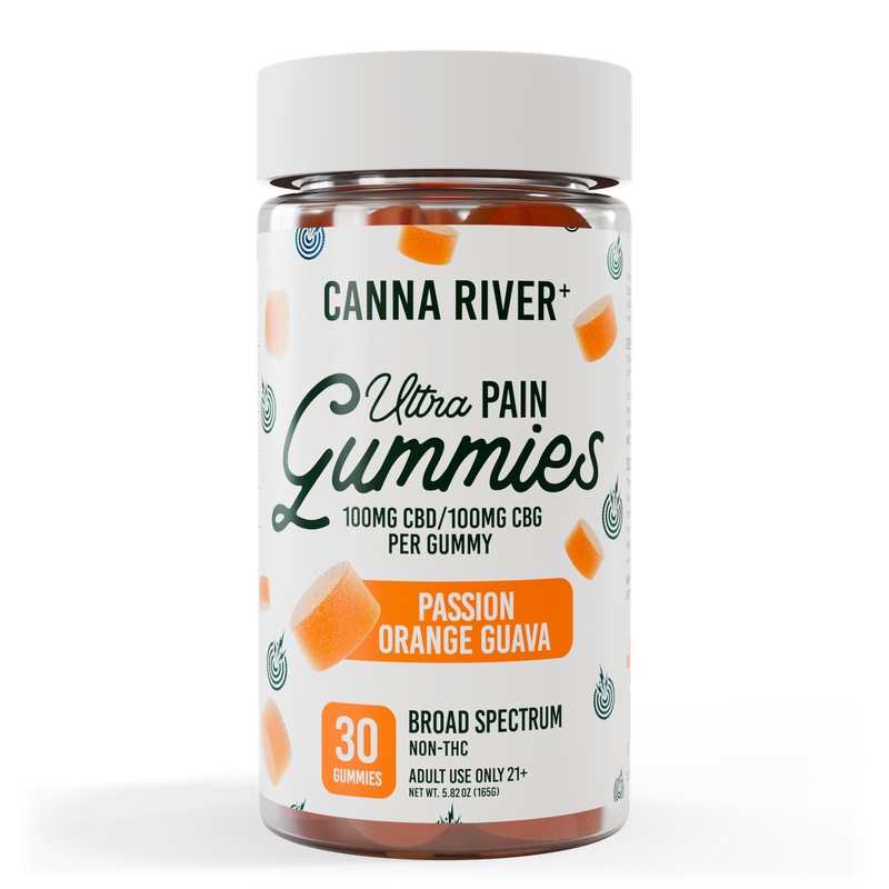 CBD Ultra Pain Gummies, Passion Orange Guava, 100mg CBD + 100mg CBG per gummy
