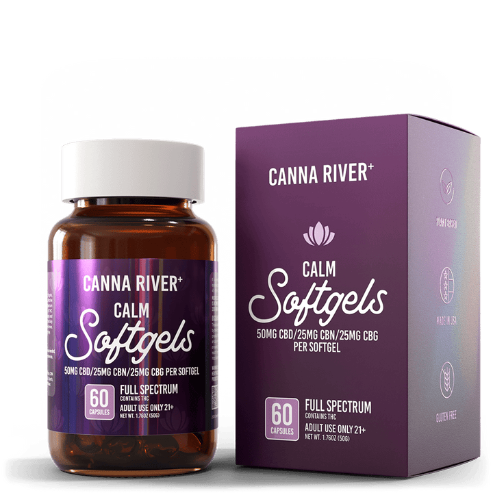 CBD Calm Softgels Softgel Canna River Full Spectrum (Contains THC) 50mg CBD + 25mg CBN + 25mg CBG per Softgel / 60 Softgels 0.5mL