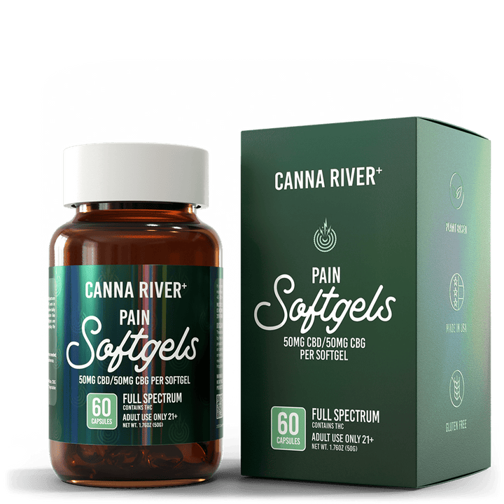 CBD Pain Softgels Softgel Canna River Full Spectrum (Contains THC) 50mg CBD + 50mg CBG per Softgel / 60 Softgels 0.5mL